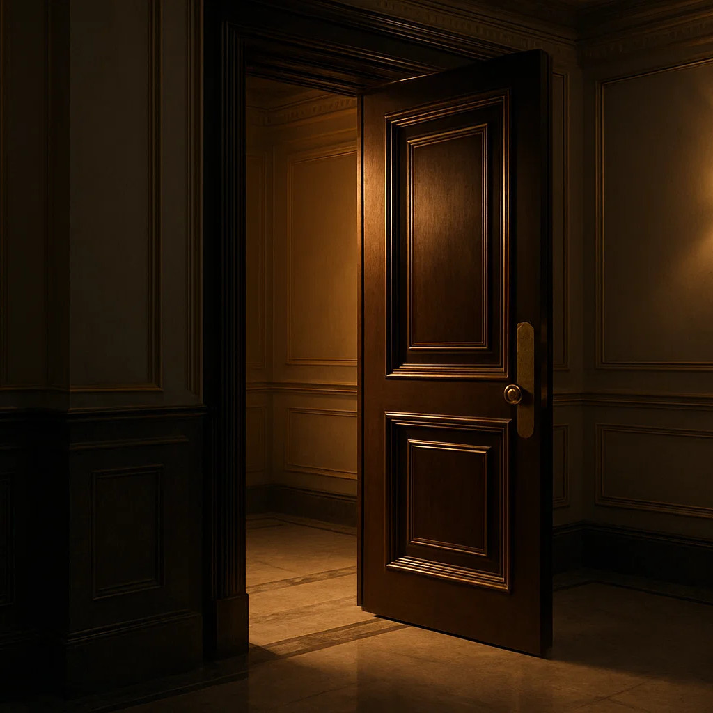 Door opening to luxurious room, symbolizing exclusive private investment access