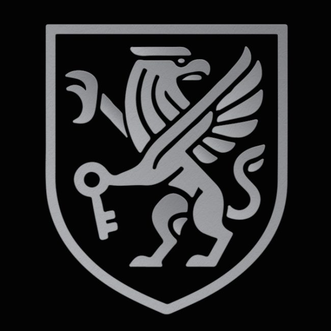 Aegis Griffin heraldic logo with rampant griffin holding key on grey shield