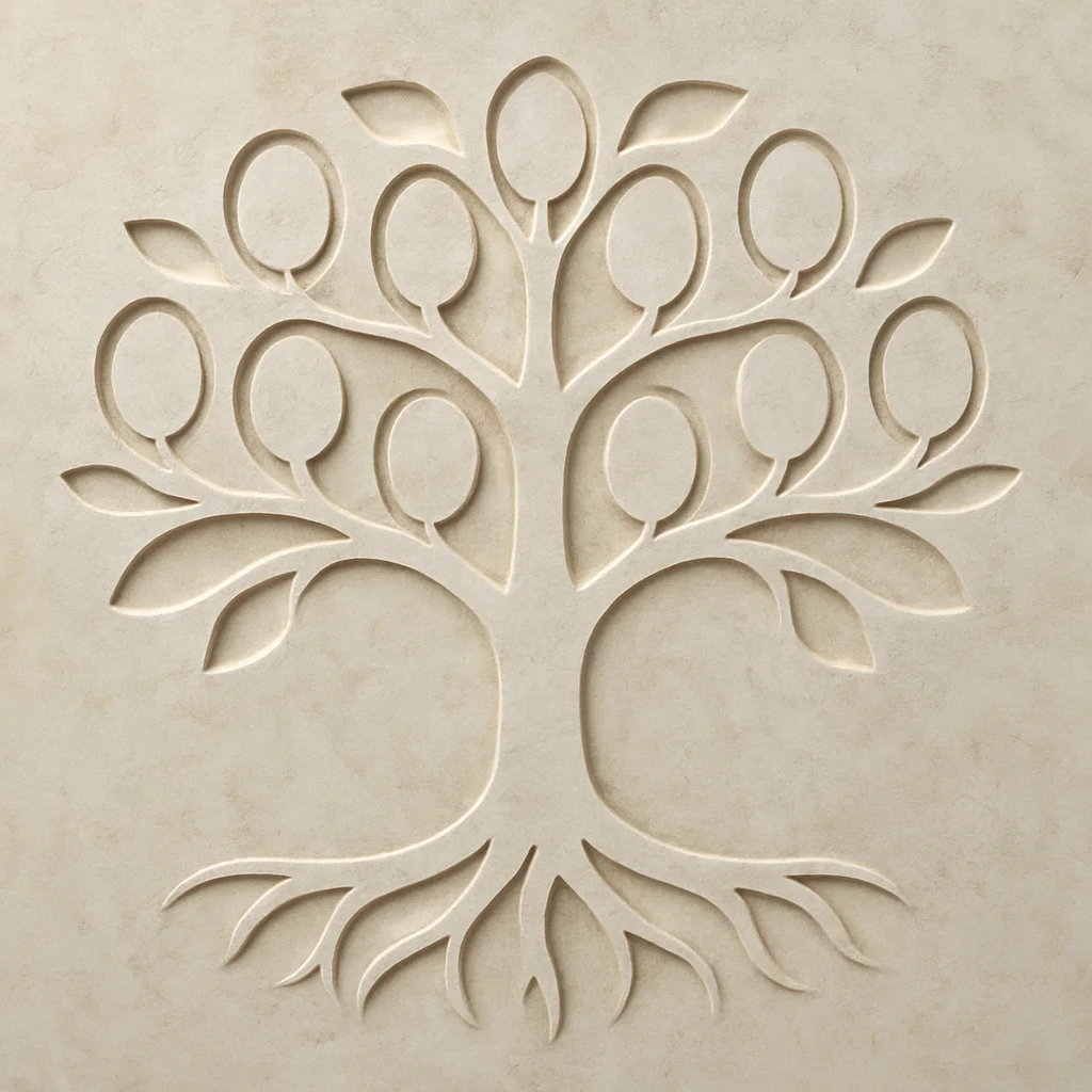 Stylized tree of life carved in stone, symbolizing legacy and trust management