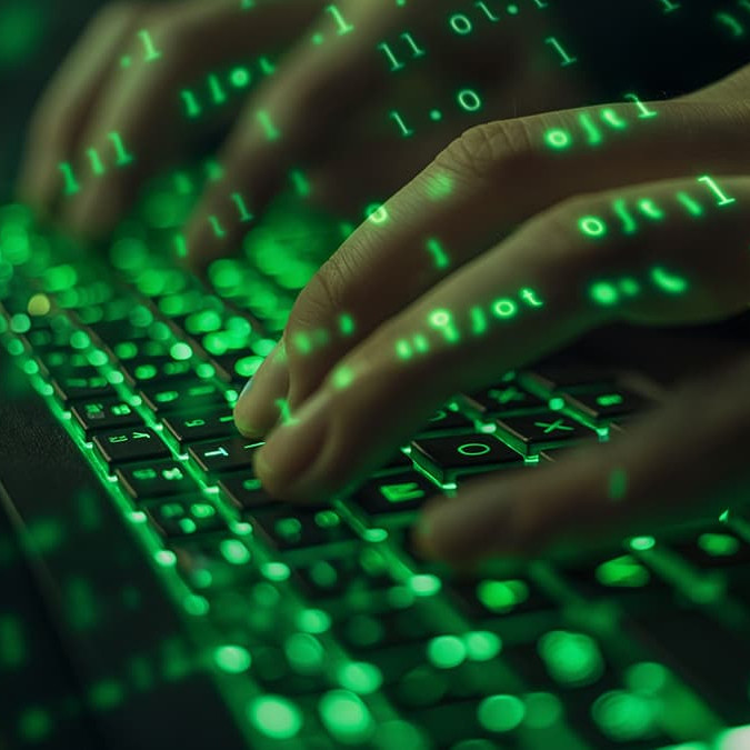 Fingers typing on keyboard with digital data, representing digital risk management